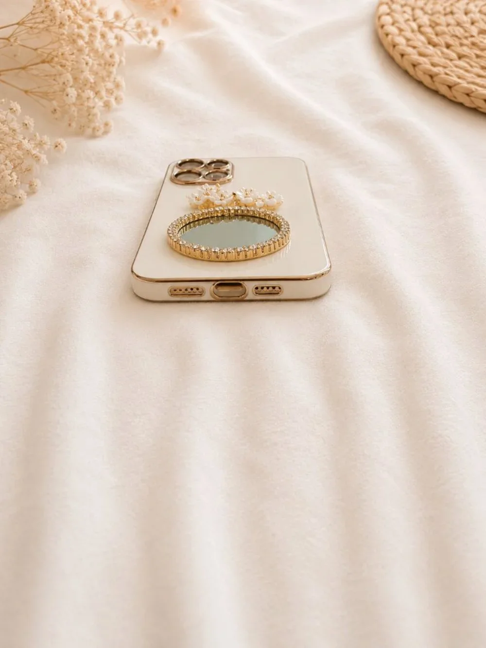 iPhone 12 Pro Max White & Gold Ring Holder Case | Elegant Mirror Phone Case